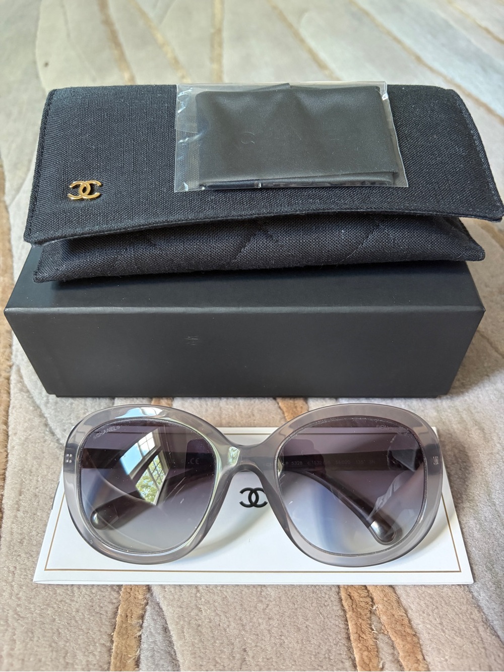 CHANEL Gray Gradient Oversized Sunglasses with Black Pouch and Box